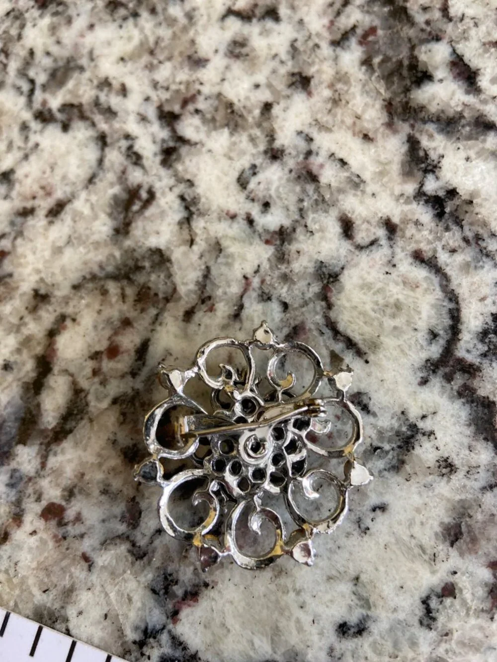 Vintage Silver Tone Filigree Rhinestone Floral Brooch Mid Century Cottagecore